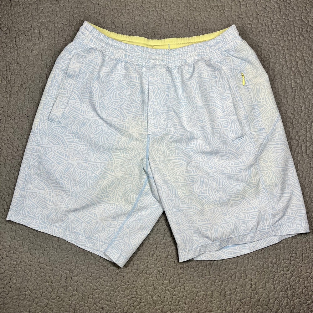 Birddogs Mens Gym Shorts Blue White Geometric Pattern Built-in Liner Medium Long